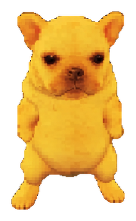 Blocky Bully, a small blocky yellow bulldog standing upright