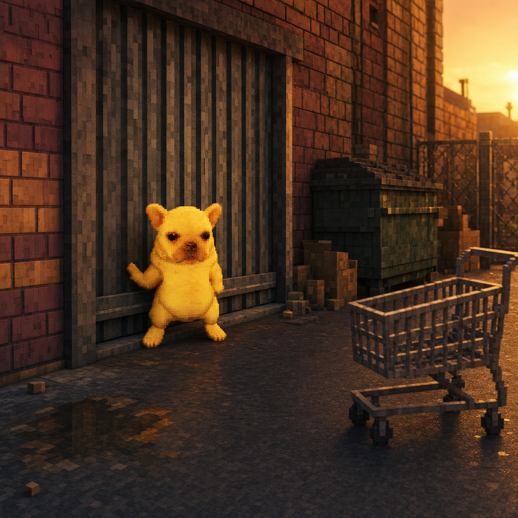Blocky Bully leaning against a roll-up door in a brick alley at sunset, a shopping cart nearby